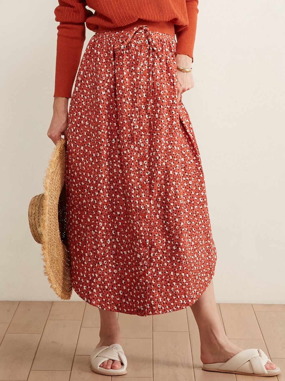 The Odells Malmo Print Button Front Skirt Rust Drawstring Midi